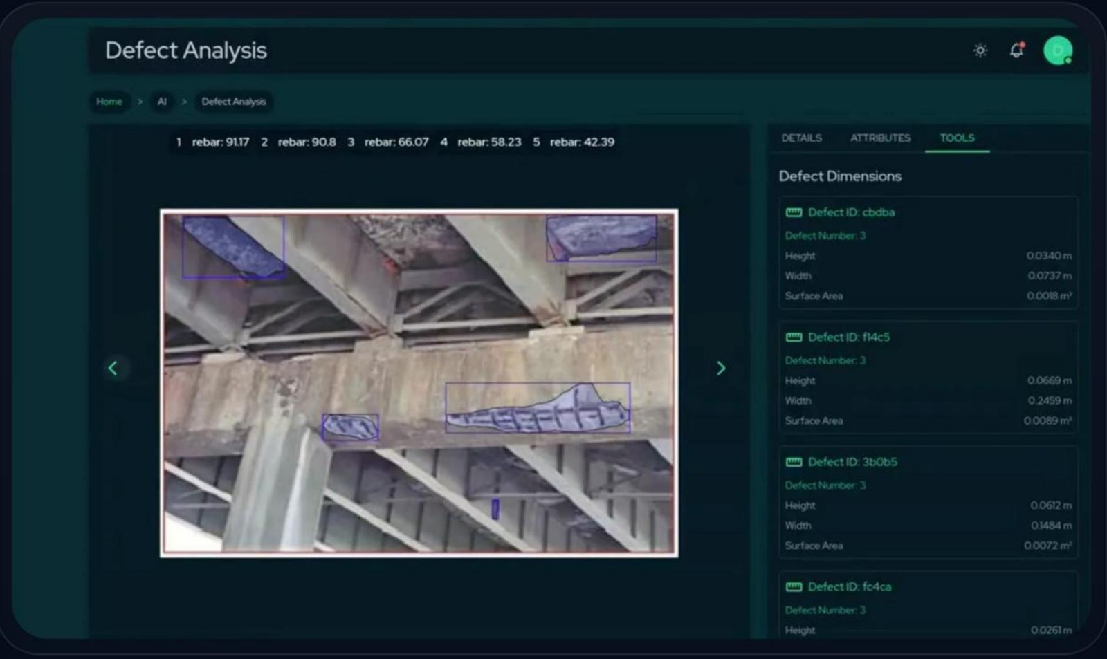 ViSNET AI Defect Analysis workspace showing detected bridge defects with measured dimensions